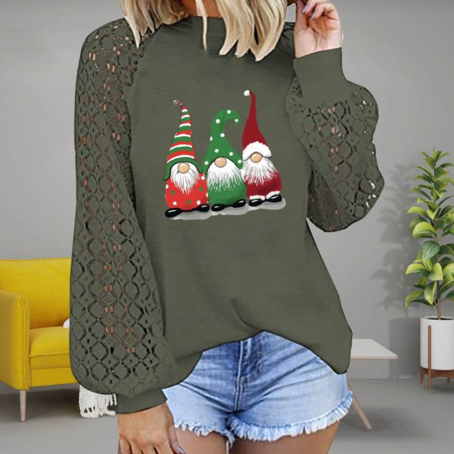 Pntutb Mujer Impreso Camiseta Suelta Encaje Manga Larga Blusa Cuello Redondo Casual tops Pntutb Pntutb-1741