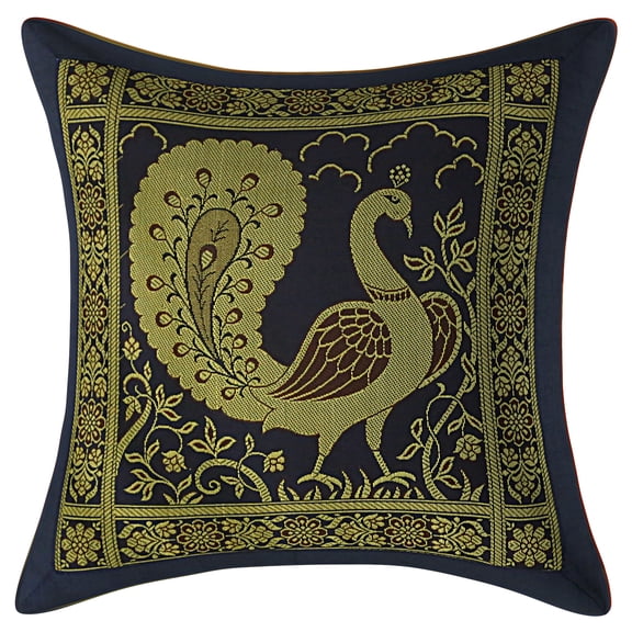 Stylo Culture Ethnic Boho Brocade Navy Blue And Gold Throw Pillow Covers 12x12 Jacquard Weave Banarsi Colorful Pillow Covers Dancing Peacock Floral 30x30 cm Decorative Cushion Covers (1 Pc)