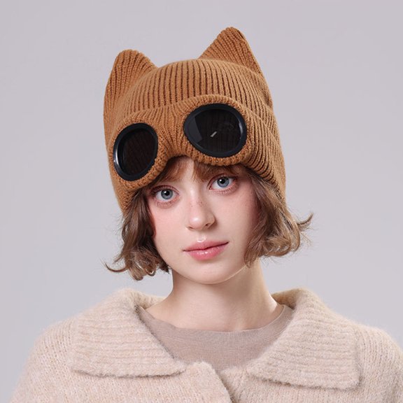 Men's & Women's Knit Hat with Attached Sunglasses - Sporty Fleece-Lined One-Piece for Skiing or Sunny Winter Days ,Adding a Stylish Touch To Your Winter Outfits Light Brown
