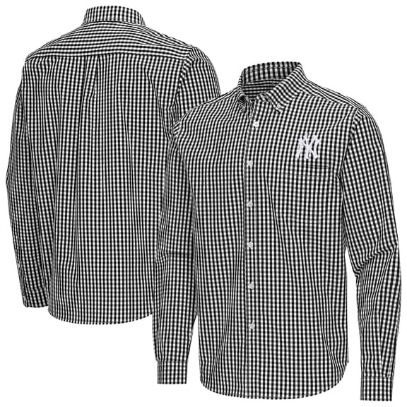 Men's Antigua Black New York Yankees Ellis Woven Tri-Blend Button-Down Shirt