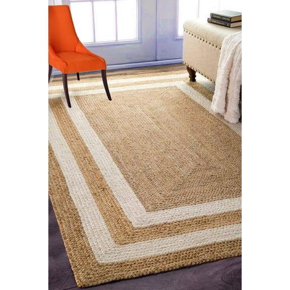 BhAvYa International Jute and White Cotton Double Patti Reversible Hand Woven Decorative Rug/Durry/Carpet for Kitchen/Home (3x5 feet)