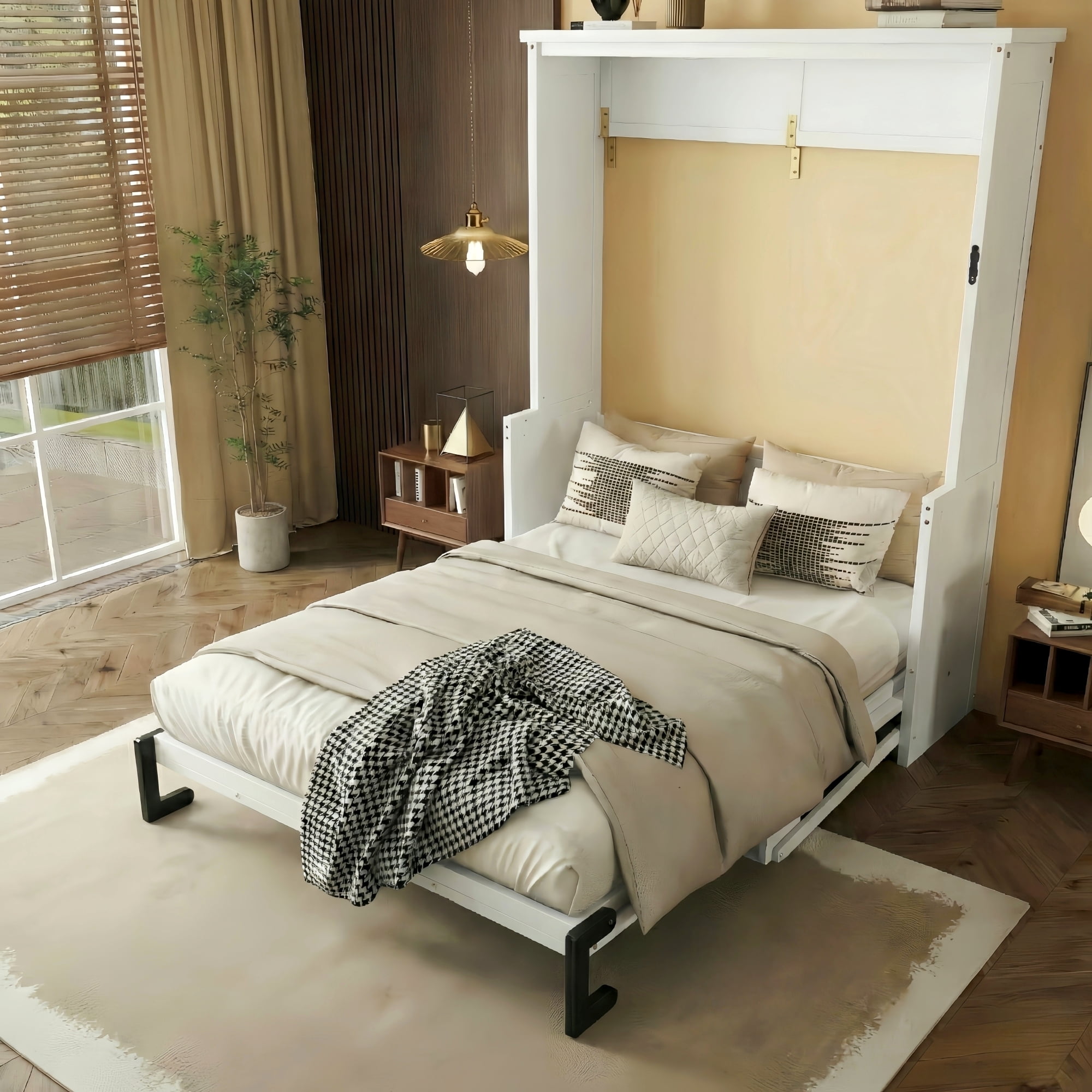Mintazer Queen Size Foldable Murphy Bed with Shelf, Wall Cabinet Bed for Living Room Bedroom Apartment, White