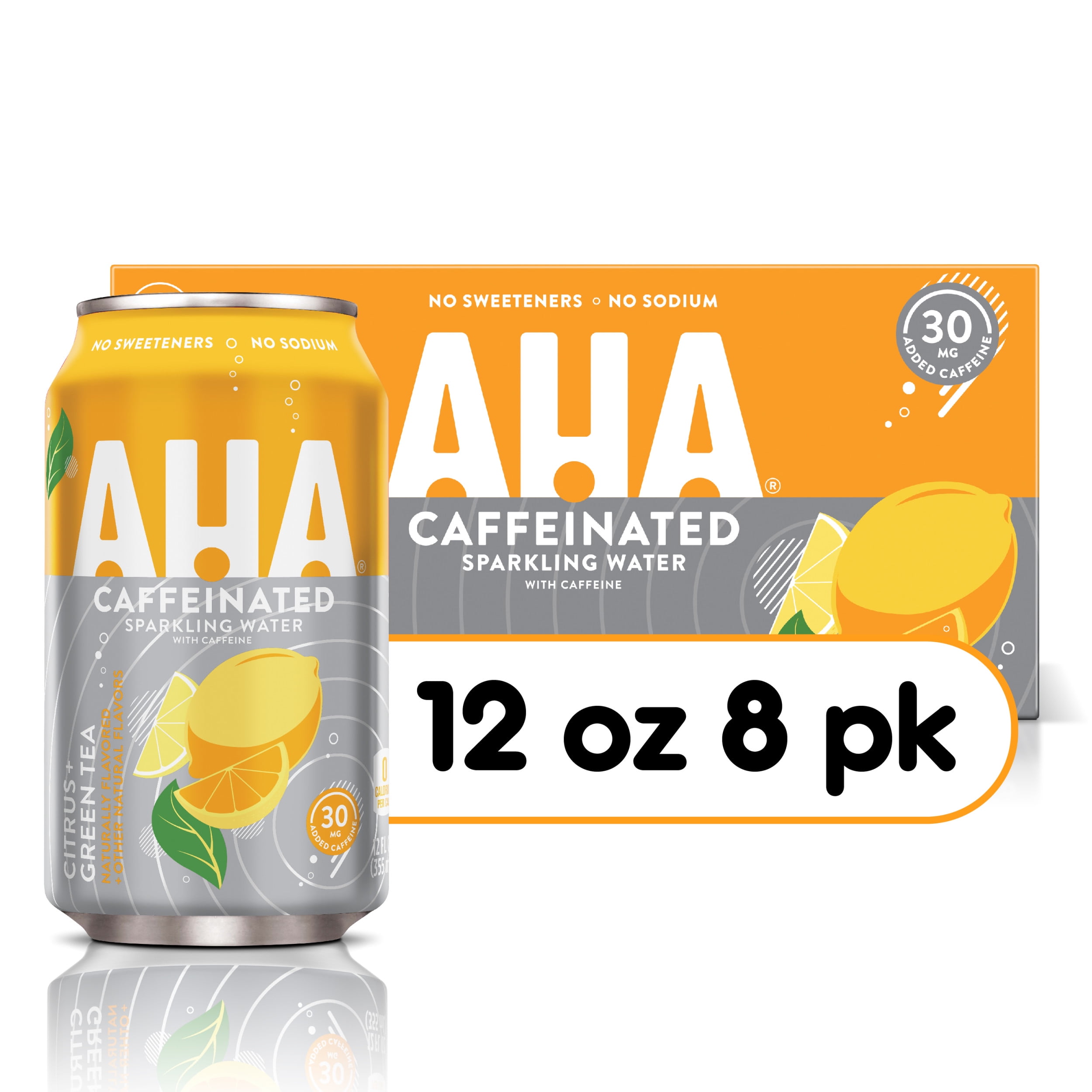 AHA Sparkling Water, Citrus + Green Tea Flavored Water, with Caffeine & Electrolytes, Zero Calories, Sodium Free, No Sweeteners, 12 fl oz, 8 Pack