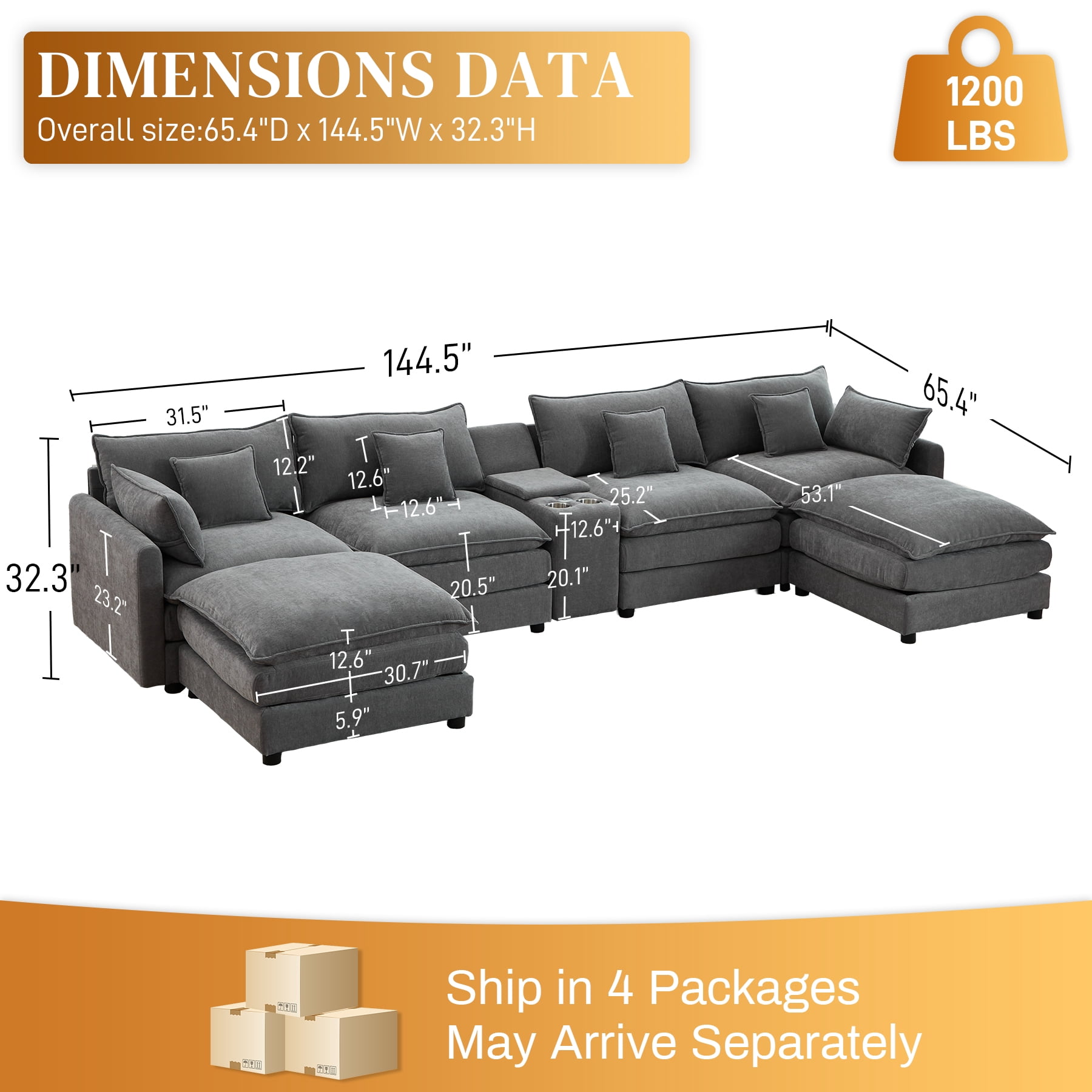 avobird Oversided 145" U Shaped Cloud Couch Sectional, DeepSeat Sofa Bed with USB Charging, Hidden Storage, Cup Holders & Chenille Double Chaise, Gray