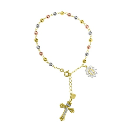 14K Gold Plated Sterling Silver Crystal Rosary Tri-Color Bracelet 7.5"+1"