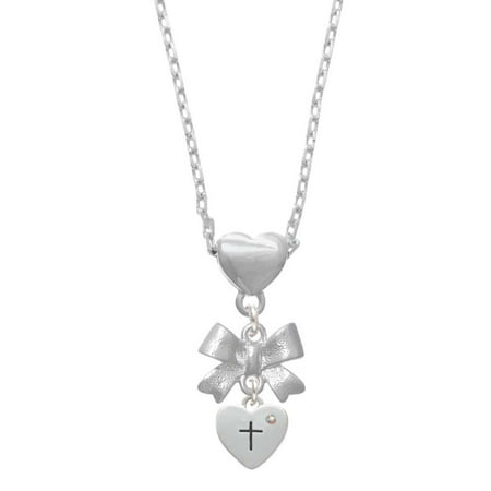 Delight Jewelry Silvertone Small Heart with Cross & Fish with Crystal Silver tone Bow Heart Necklace