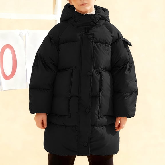 Uobin Kids Hooded Puffer Jacket with Multi Pockets, Mid-Length Snap-Button Winter Coat for Boys Girls
