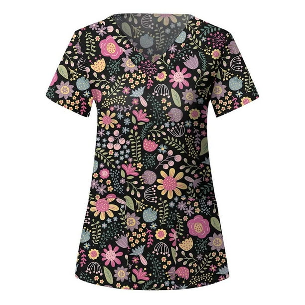matoen Women's Printing Stretch Scrub Top with Pockets V-Neck