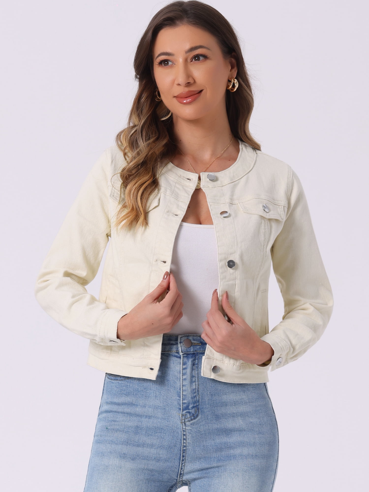 DARING DIVA Women's Button Down Collarless Cropped Denim Jacket S Beige