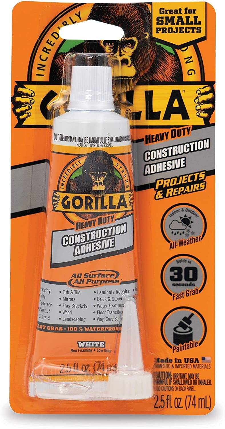 Gorilla 2-Pack Heavy Duty Construction Adhesive, 2.5 Ounce Squeeze Tube, White