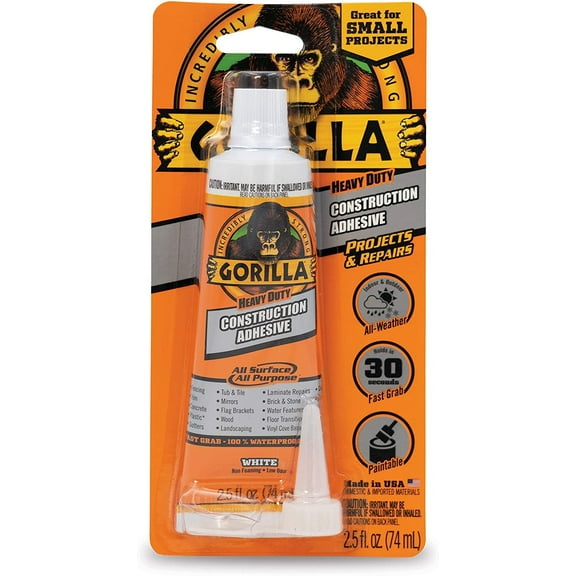 Gorilla 2-Pack Heavy Duty Construction Adhesive, 2.5 Ounce Squeeze Tube, White
