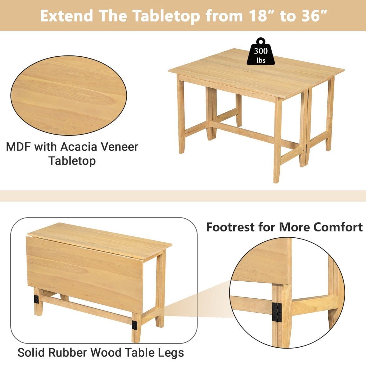 Farmhouse Extendable Dining Table, 47" Drop Leaf Kitchen Table for 4, 18"-36" Expandable Tabletop, Wood Dining Table for Small Spaces, Natural