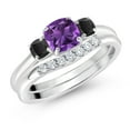 thumbnail image 2 of Gem Stone King 10K White Gold Purple Amethyst Black Onyx and Lab Grown Diamond 3 Stone Bridal Engagement Wedding Ring Set for Women (0.88 Cttw, 5MM and 3MM Cushion Cut, Size 7), 2 of 6