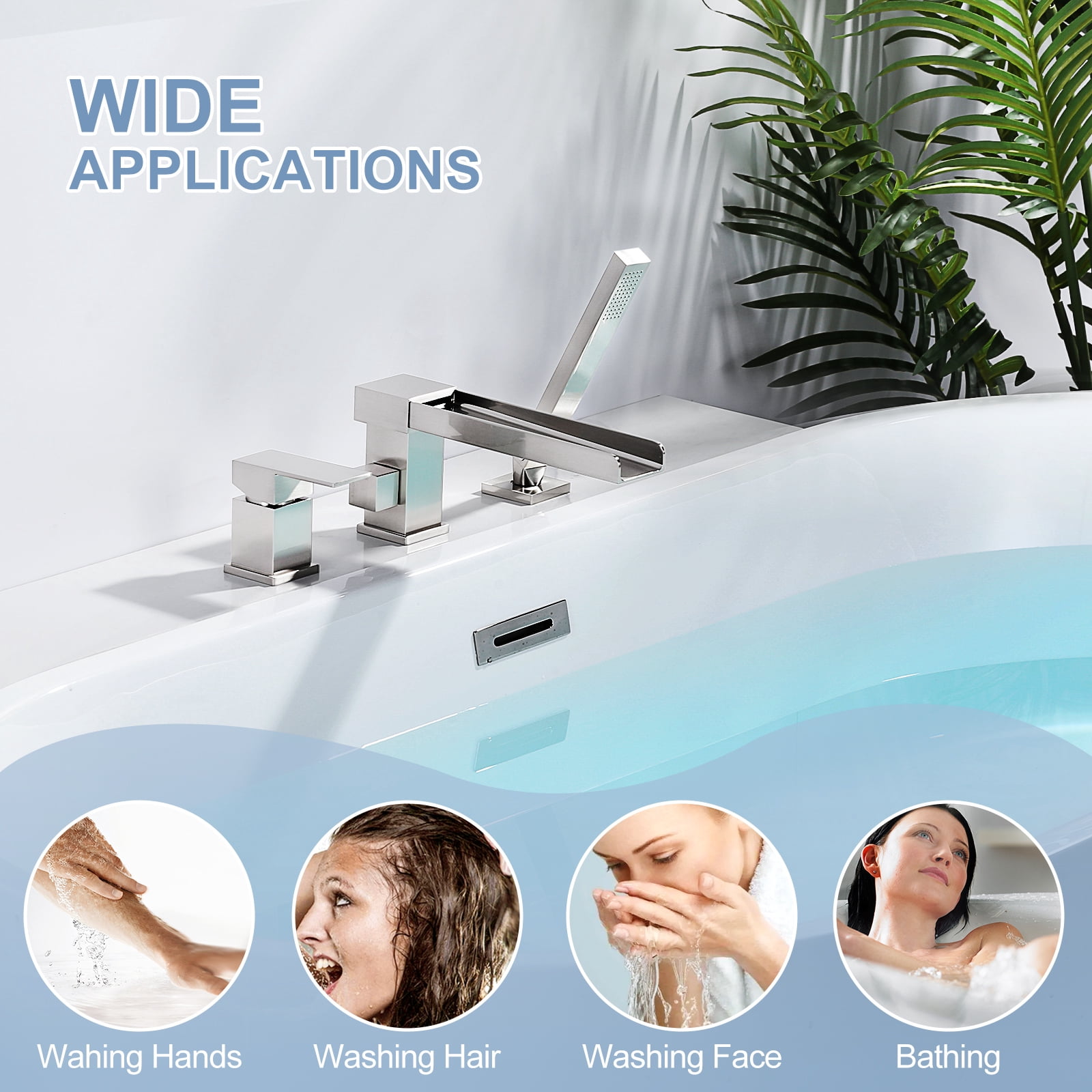 Waterfall Roman Tub Faucets, WOWOW Jacuzzi Tub Faucet Brushed Nickel, Garden Deck Mount Tub Faucet, Roman Tub Faucet with Sprayer