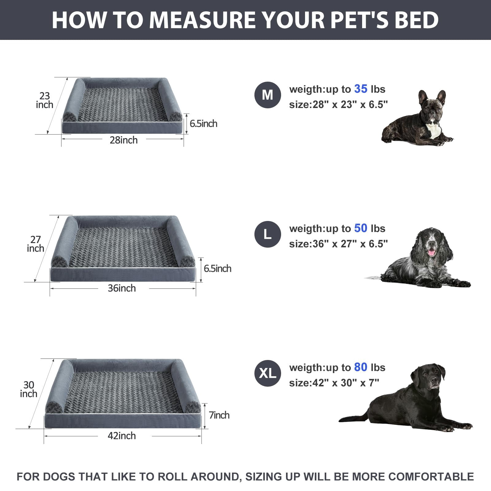 Pet Bed Dark Grey 28"L x 23"W x 6.5"Th Orthopedic for Medium Dogs