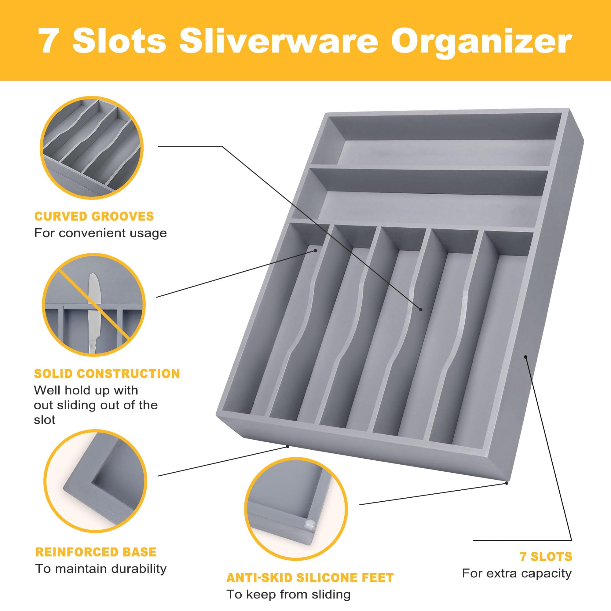 Kitchen Silverware Organizer  Drawer - Utensil Holder And Cutlery Tray With Grooved Dividers For Flatware 7 Slot Grey