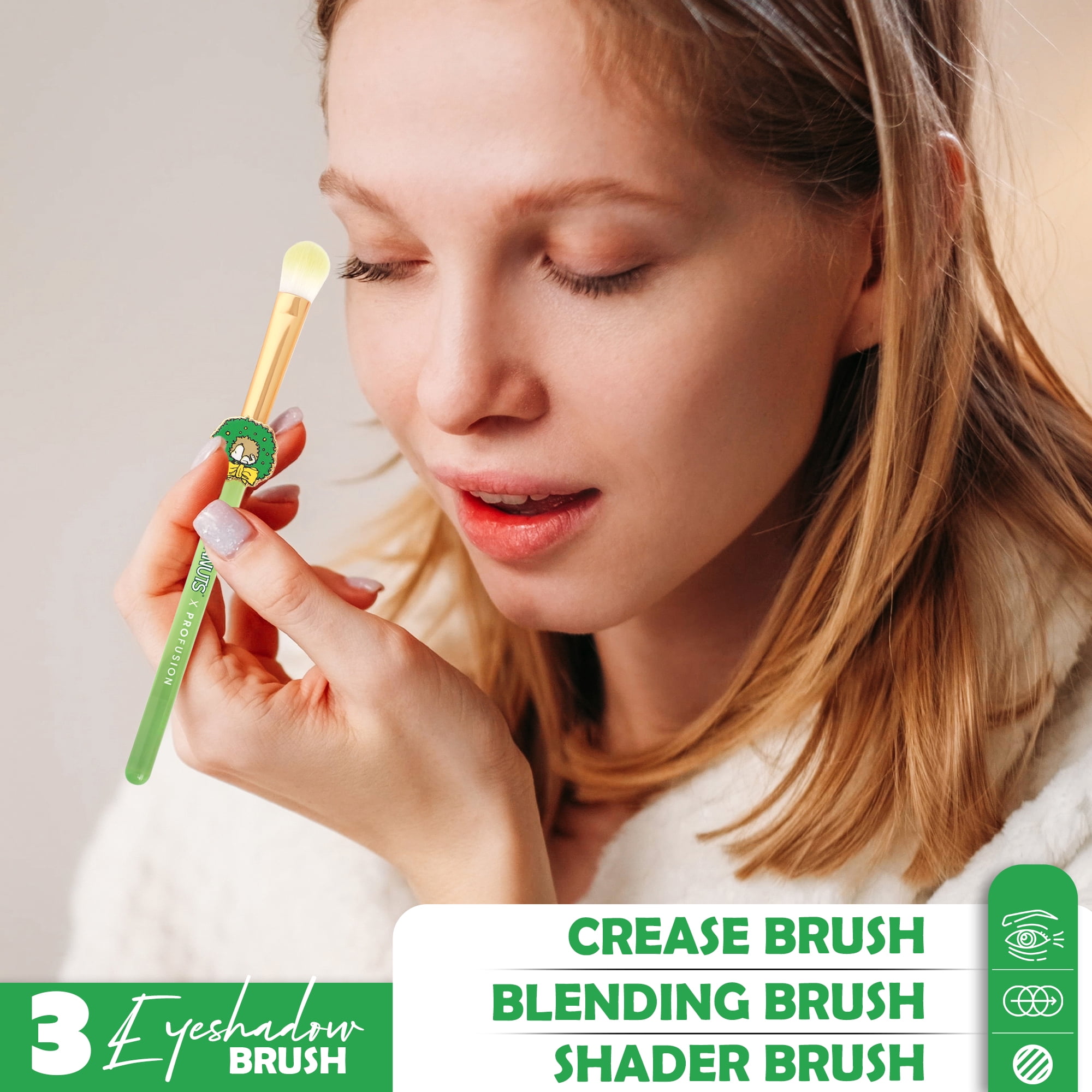 Profusion Cosmetics Peanuts Holiday Merry & Bright Brush Set with Case, 5PC Face & Eye Makeup Brush with Synthetic Bristles for Blending, Shading & Blush