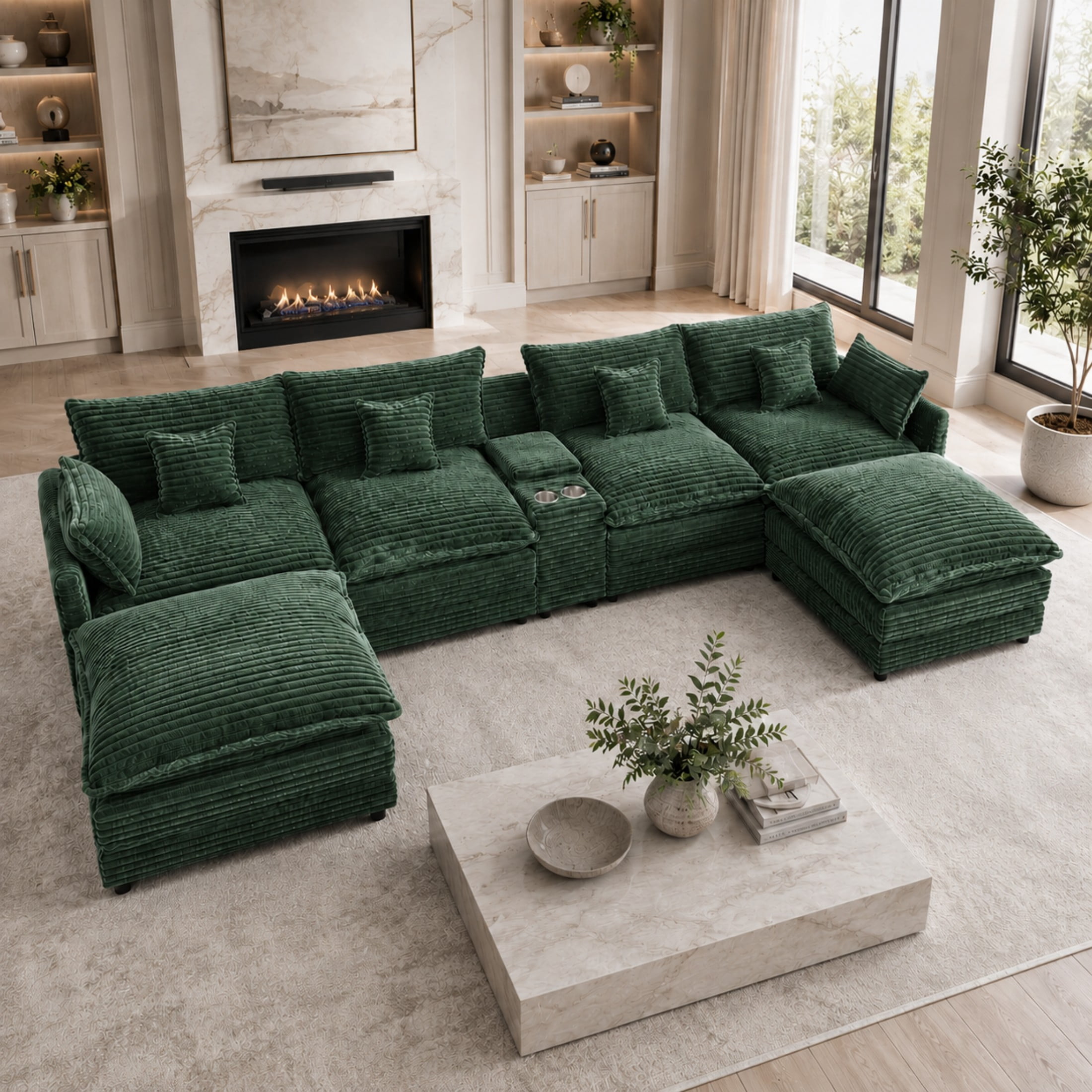Aenkyo 141-Inch U-Shaped Corduroy Cloud Sectional Sofa with Console, Green