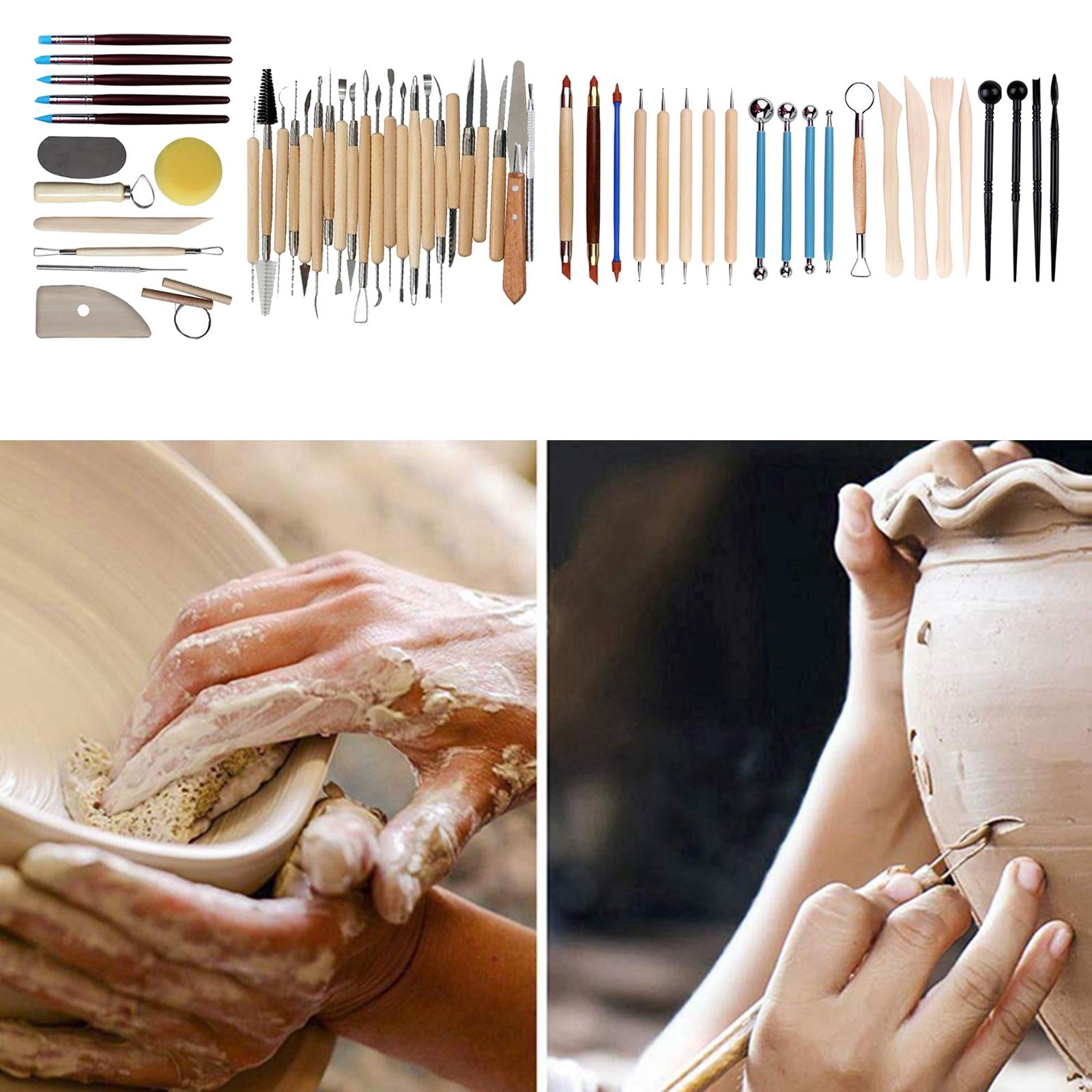 GUOOL Pottery Carving Tool Kit with Wooden Handle Steel Tip Ceramics Clay Pottery Modeling Blending Smoothing Tool Cleaning Tool Set Craft - 56 Pieces