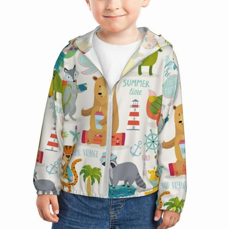 

Qekee Travel Animals Print UPF 50+ Kids Sun-Protective Hooded Long Sleeve Rash Guard for Fishing Water Beach Sports -3 Years