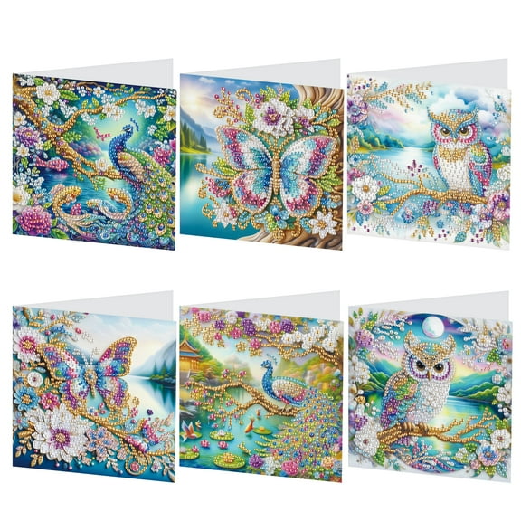 6pcs Diamond Art Painting Kit Greeting Card, Landscape Owl Peacock Butterfly 5D DIY Special Shape Diamond Greeting Card Creative Gifts, Christmas Thanksgiving Day Greeting Card Congratulation