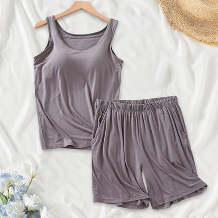 TEVEQ Womens Pajamas Set Casual Sleepwear Soft Pj Sets Tank Top Tank Top with Built In Bra and Shorts Loungewear for Summer Lounge Sets for Women Summer Casual Summer Loose Strap Chest Pad