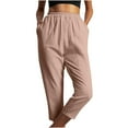 thumbnail image 3 of HBYJLZYG Cotton Linen Capris Pants For Women，Summer Solid Color Elastic High Waist Casual Loose Sports Trousers With Pocket Wide Leg Pants, 3 of 8