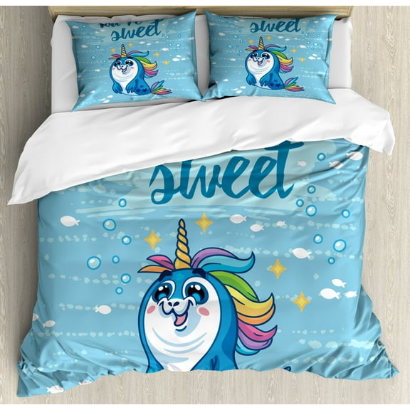 Unicorn King Size Duvet Cover Set, "You're Sweet" Quote with Baby Penguin Shaped Unicorn and Fish in Sea Art Image Design, Decorative 3 Piece Bedding Set with 2 Pillow Shams, Blue, by Ambesonne