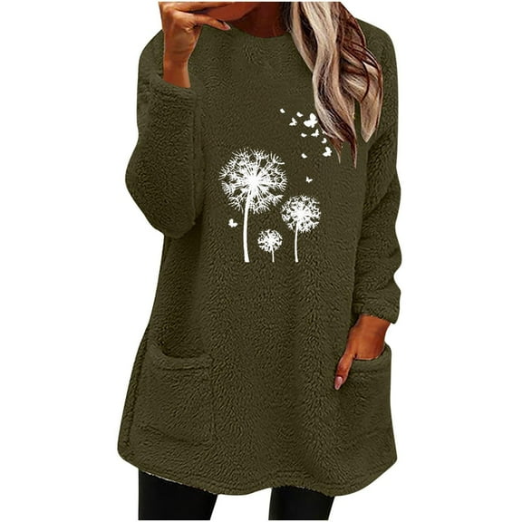 Womens Sherpa Pullover Tops Round Neck Long Sleeve Plush Top Graphic Winter Thick Warm Shirts with Pockets (Army Green 2XL)
