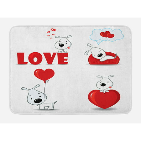 Love Bath Mat, Set of Funny Dogs with Heart Symbols My Pet Best Friends Companions Ever Animal Theme, Non-Slip Plush Mat Bathroom Kitchen Laundry Room Decor, 29.5 X 17.5 Inches, Red White,