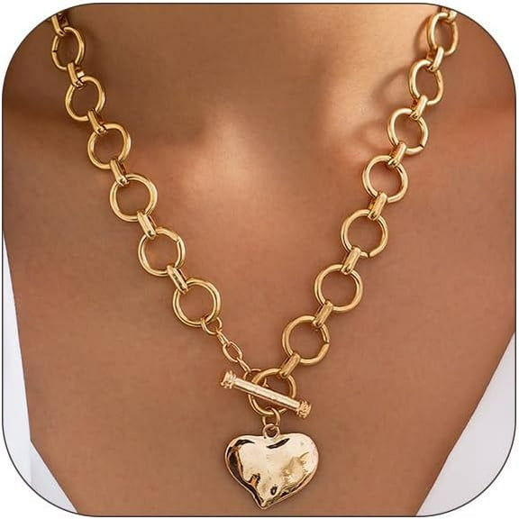 Chunky Heart Necklace for Women Non Tarnish Silver Beaded Necklace Dainty Layered Choker Trendy Toggle Necklace Titanium Stainless Steel Chain