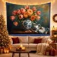 thumbnail image 3 of Floral Bouquet in Porcelain Vase Against Teal Scrollwork, Cozy Vintage for Art Lovers, Traditional Wall Decor, Housewarming Gift, Tapestry Wall Hanging for Living Room and Bedroom, 3 of 7
