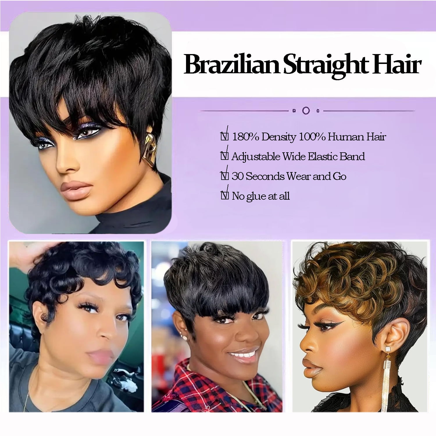 EAEABJ Short Pixie Cut Human Hair Wig with Bangs, Natural Black Straight Layered Glueless