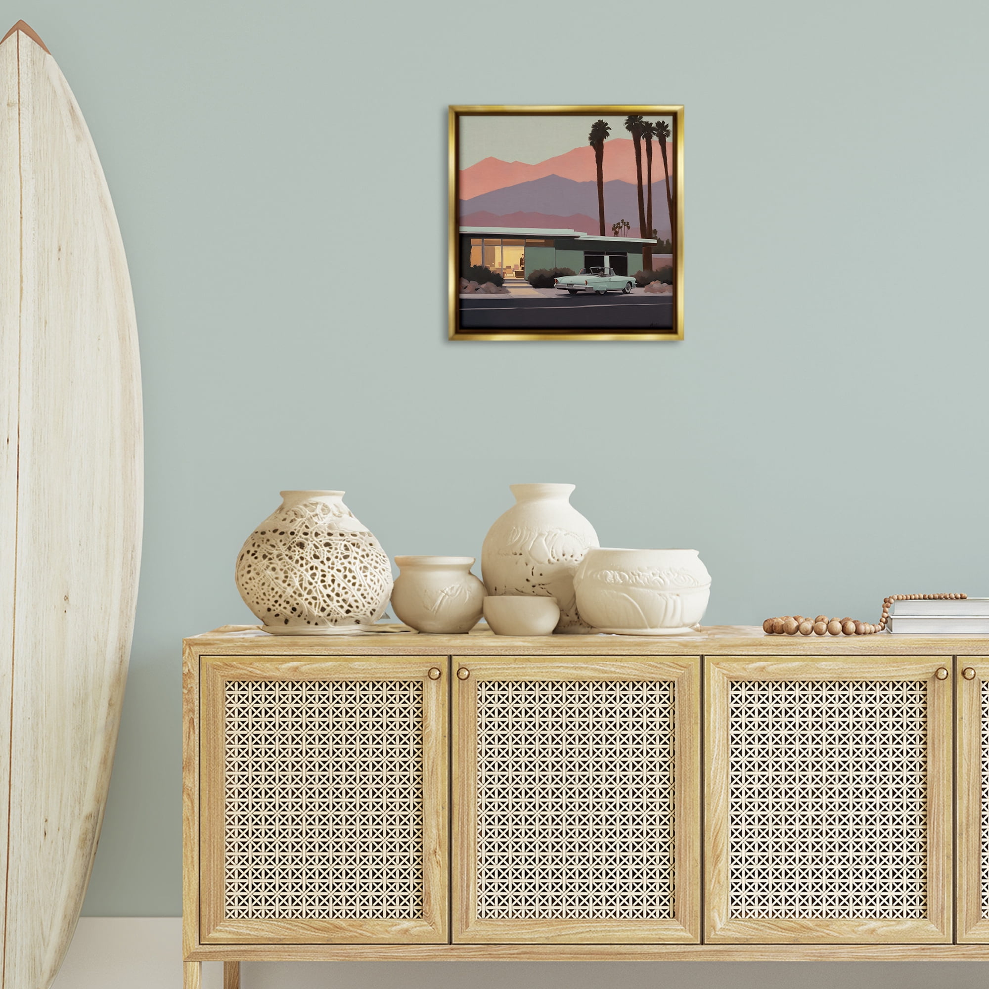 Stupell Industries Tropical House & Car Transportation Painting Gold Floater Framed Canvas Art Print Wall Art, 18 x 18