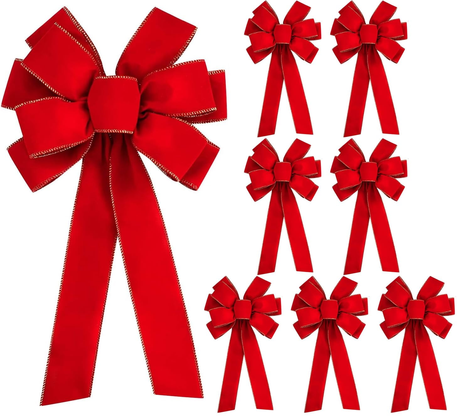 8 Pcs Large Christmas Bow-30.7" x 10.6" Christmas Golden Edged Red Velvet Bow-Christmas Tree Topper Ornament Bow for Christmas Home Wreath Decoration