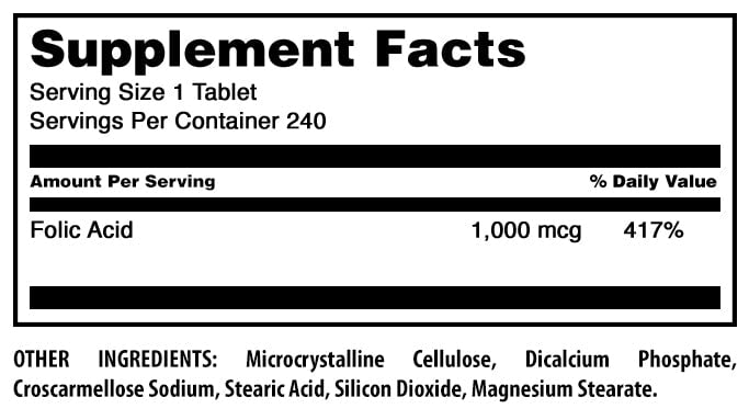 Amazing Formulas Folic Acid 1000 mcg Per Serving (1 mg) 240 Tablets Supplement | Vitamin B9 | Non-GMO | Gluten Free