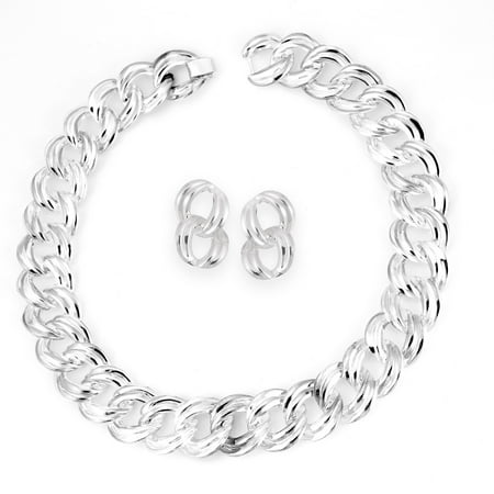 TAZZA WOMEN'S SILVER METAL DOUBLE CIRCLE LINK EARRINGS AND STATEMENT NECKLACES
