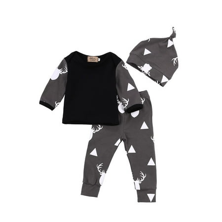 

Shakub Newborn Baby Kids Boys Xmas EIk Outfits Long Sleeve T-Shirts + Pants + Hat Christmas Sets