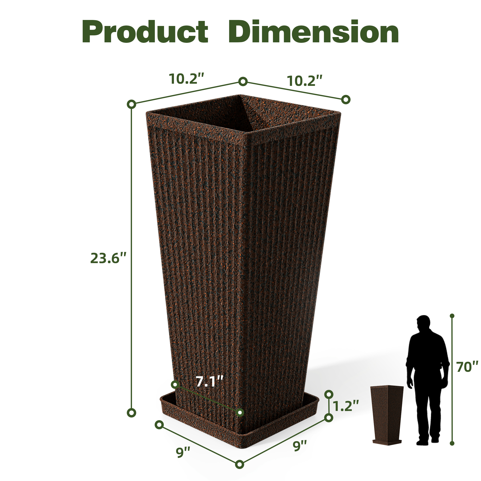 Chiccushion 23.6 inch Tall Planter Set of 2, Large Plastic Round Planter for Outdoor Indoor Garden Patio Front Door, Brown