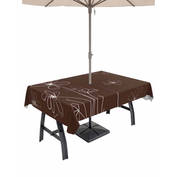 Outdoor Tablecloth with Umbrella Hole for Patio/Picnic/Party/Camping, Brown Waterproof Table Cloth Rectangle Table Cover Washable, Spring Flora (54"x 80")