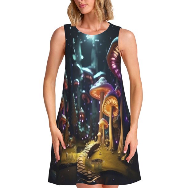 Balery Purple Glowing Mushroom Vestidos de verano para mujer con estampado: vestido holgado sin mangas, vestido playero informal y cómodo para días calurosos.