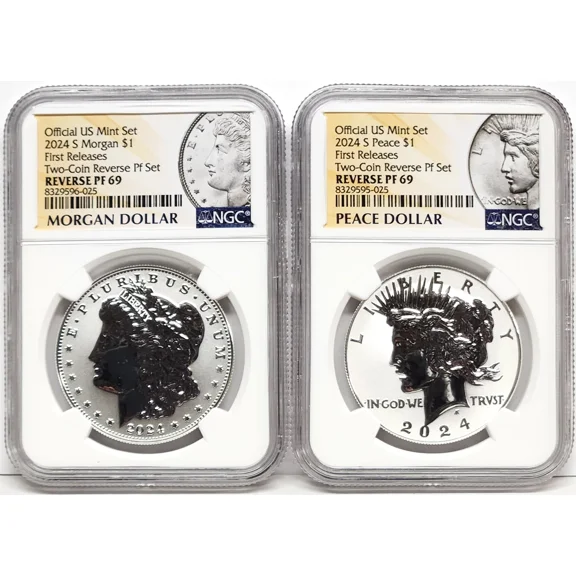 2 Coin Set of 2024 Morgan and Peace Reverse Proof Silver Dollars, NGC RP69 First Releases, with Morgan and Peace Labels