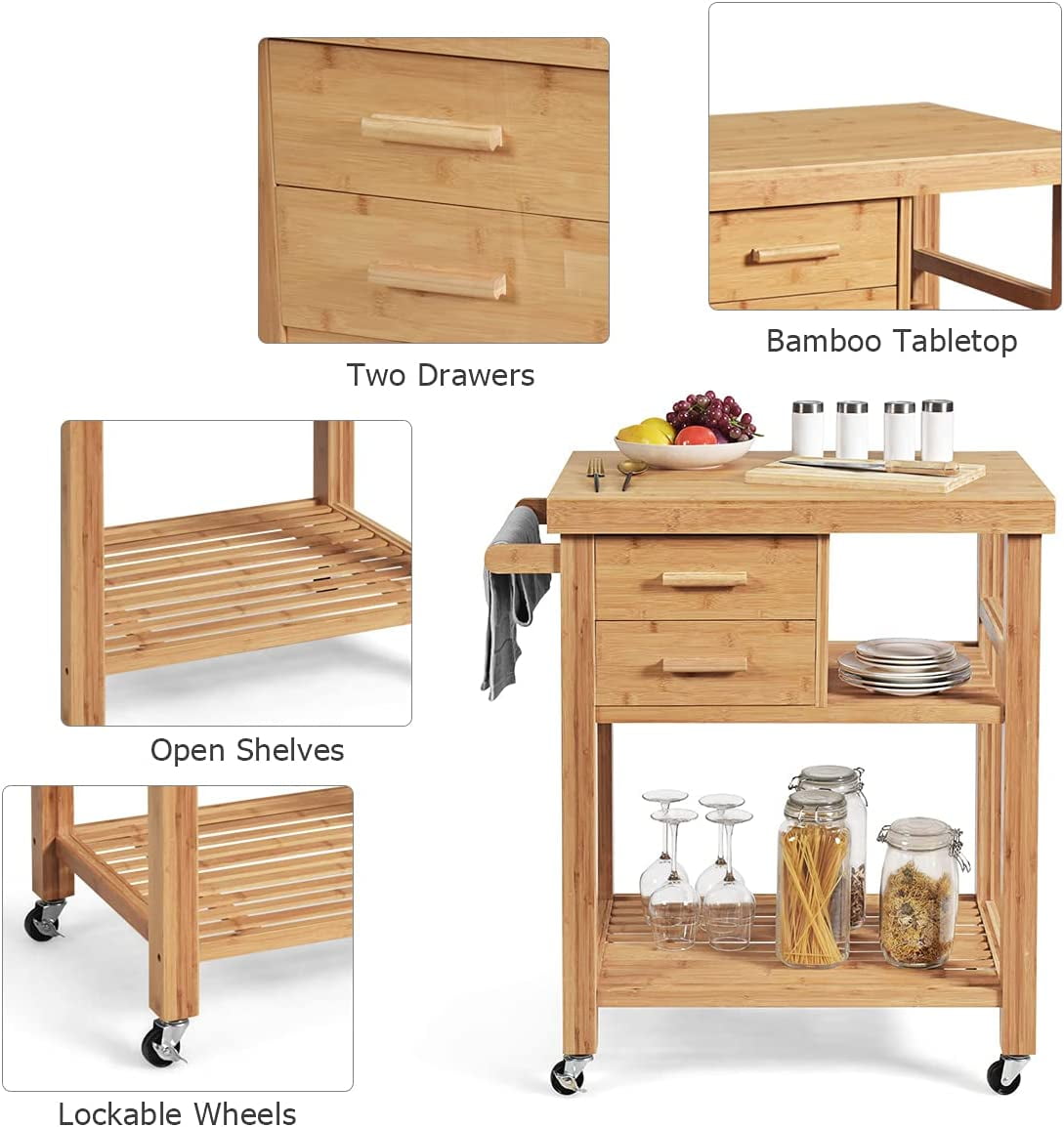 Bamboo Kitchen Island Cart, Butcher Block Table on Wheels with Drawers, Shelves, Towel Rack