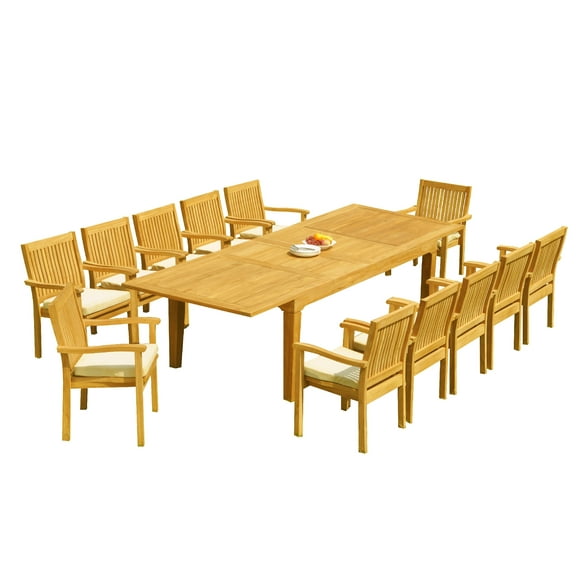 Grade-A Teak Dining Set: 12 Seater 13 Pc: 122" Caranas Rectangle Table And 12 Leveb Stacking Arm Chairs Outdoor Patio WholesaleTeak #51LV2913