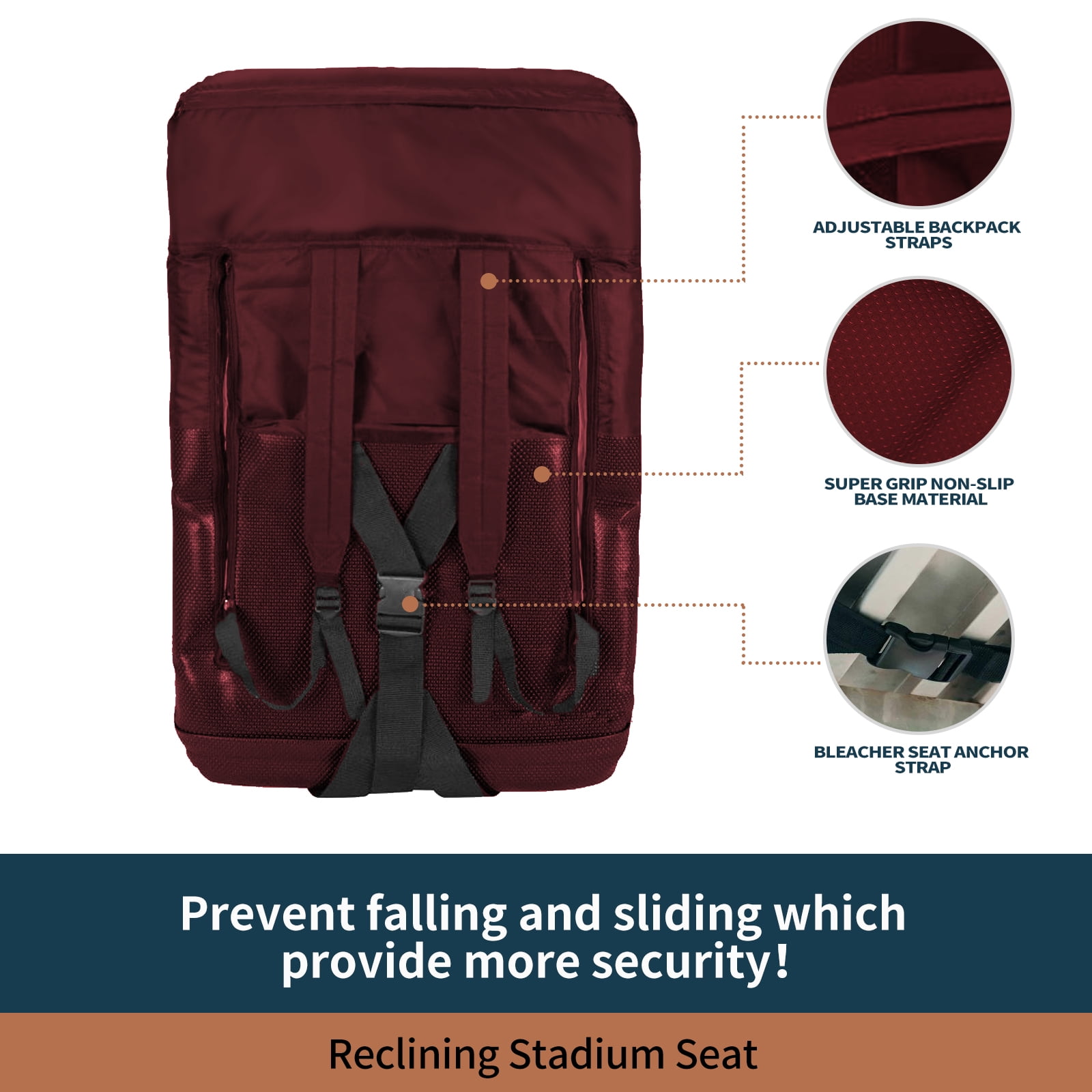 Seamander Large Size Foldable Stadium Chair for Bleacher Padded Back Support, Burgundy