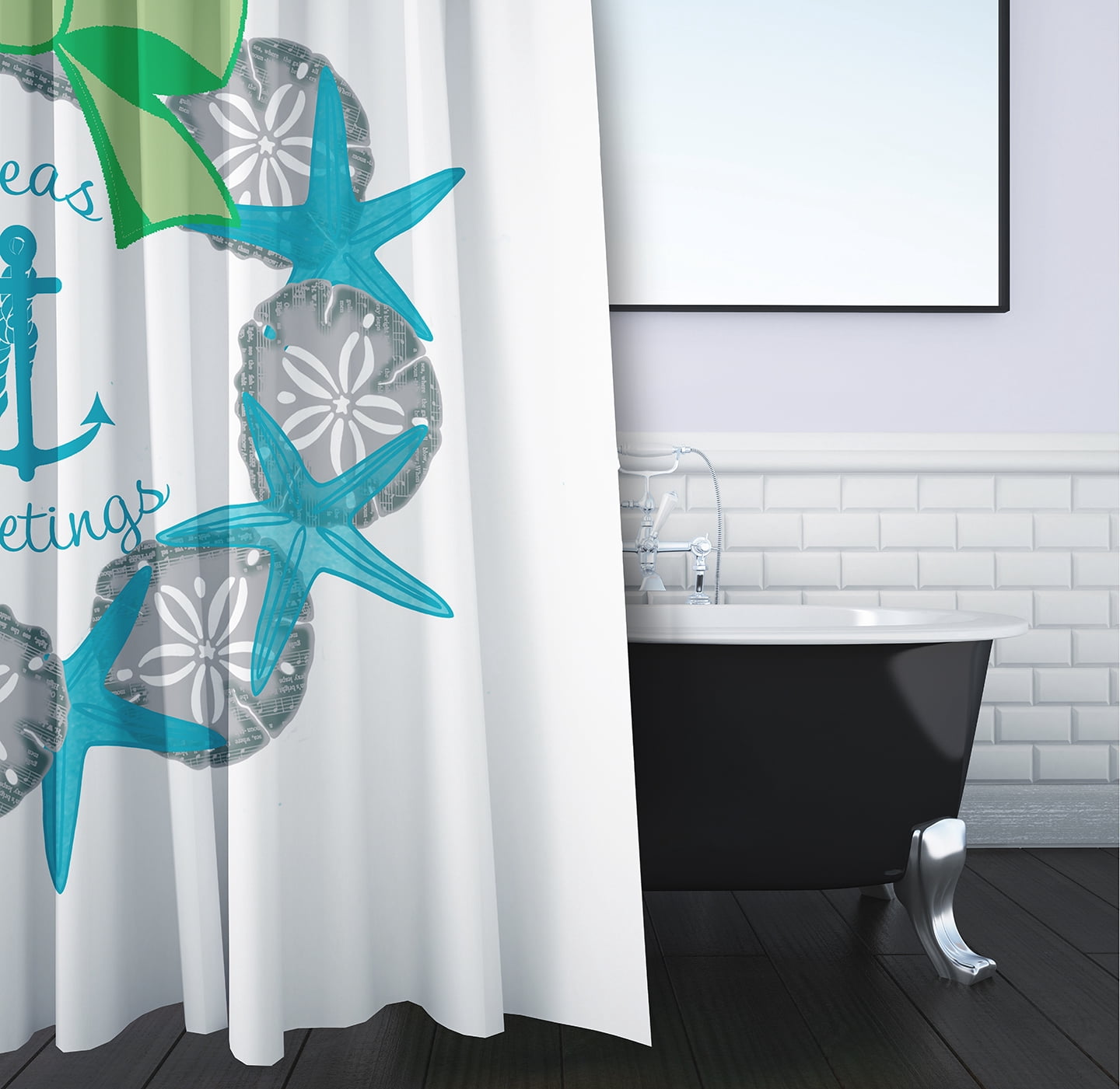 Simply Daisy 70" W x 73" L Seas and Greetings Wreath Polyester Shower Curtain, Turquoise [1 Ct]