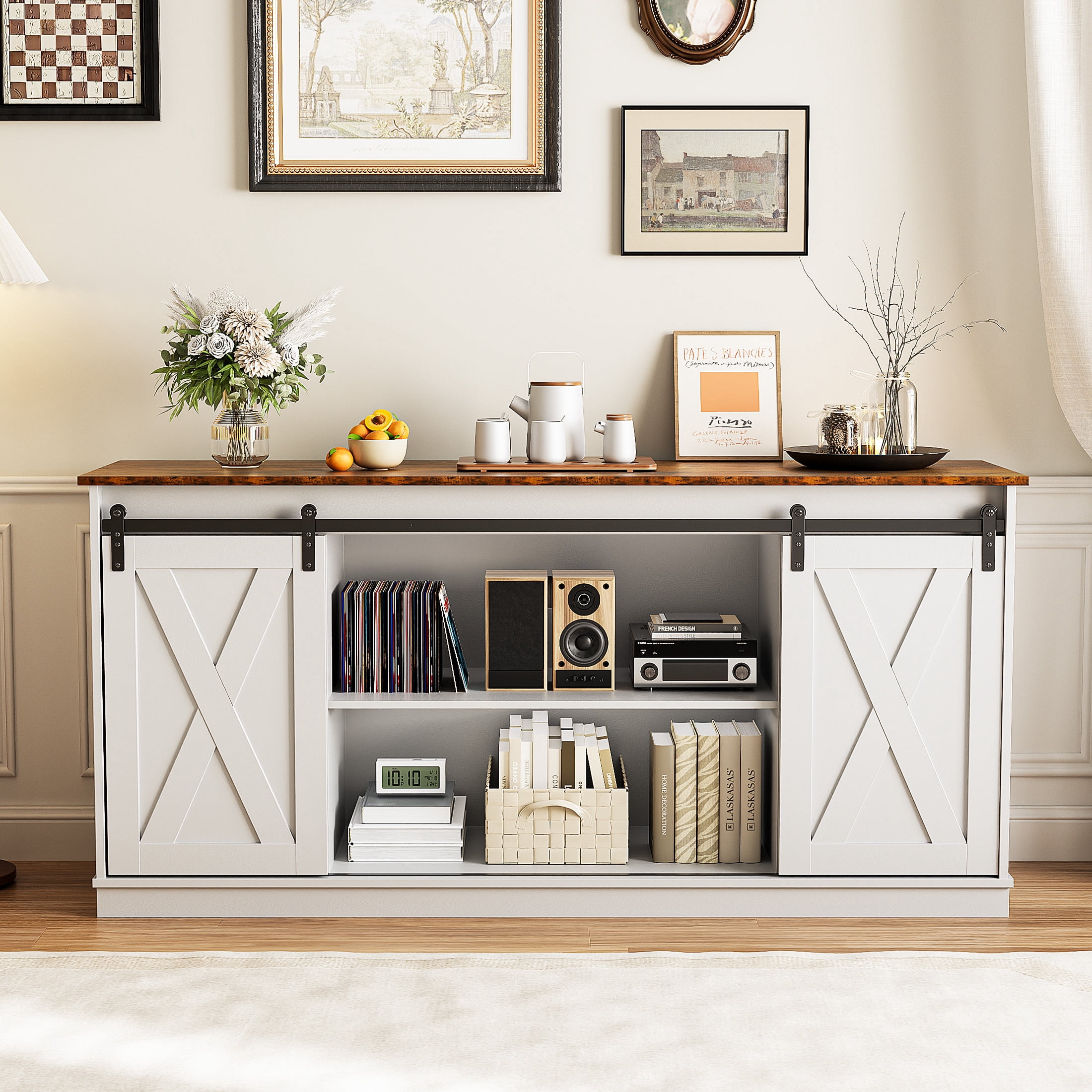 EDX TV Stand for 65" TV, Modern Entertainment Center for Living Room, TV Console Table with Storage Cabnets and Sliding Barn Doors, White