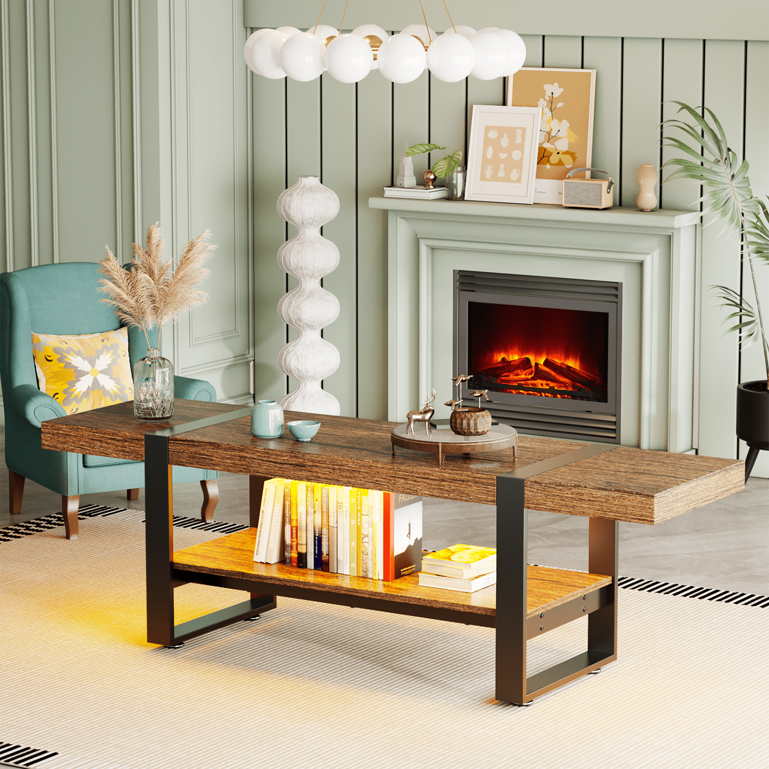 Behost Coffee Table for Living Room with Storage Shelf Farmhouse Style Center Table with Charging Station & Type-C Ports Easy Assembly Rustic Brown