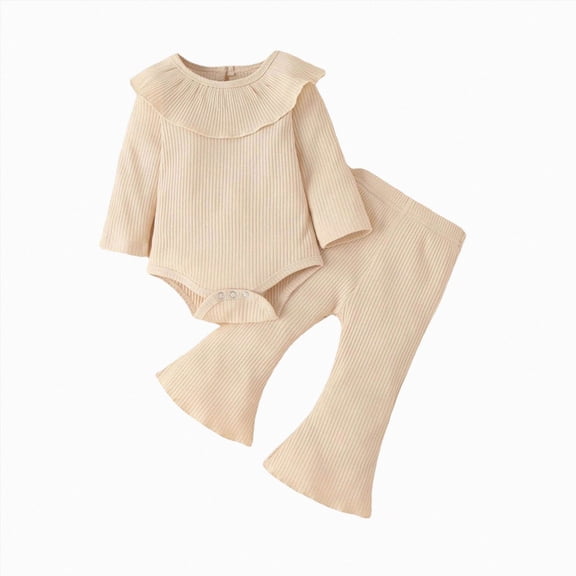 NOLDARES Baby Girl Newborn Clothes 3Pcs Set Long Sleeve Romper Flared Pants Headband Fall Winter Cute Outfits,Beige,18-24 M
