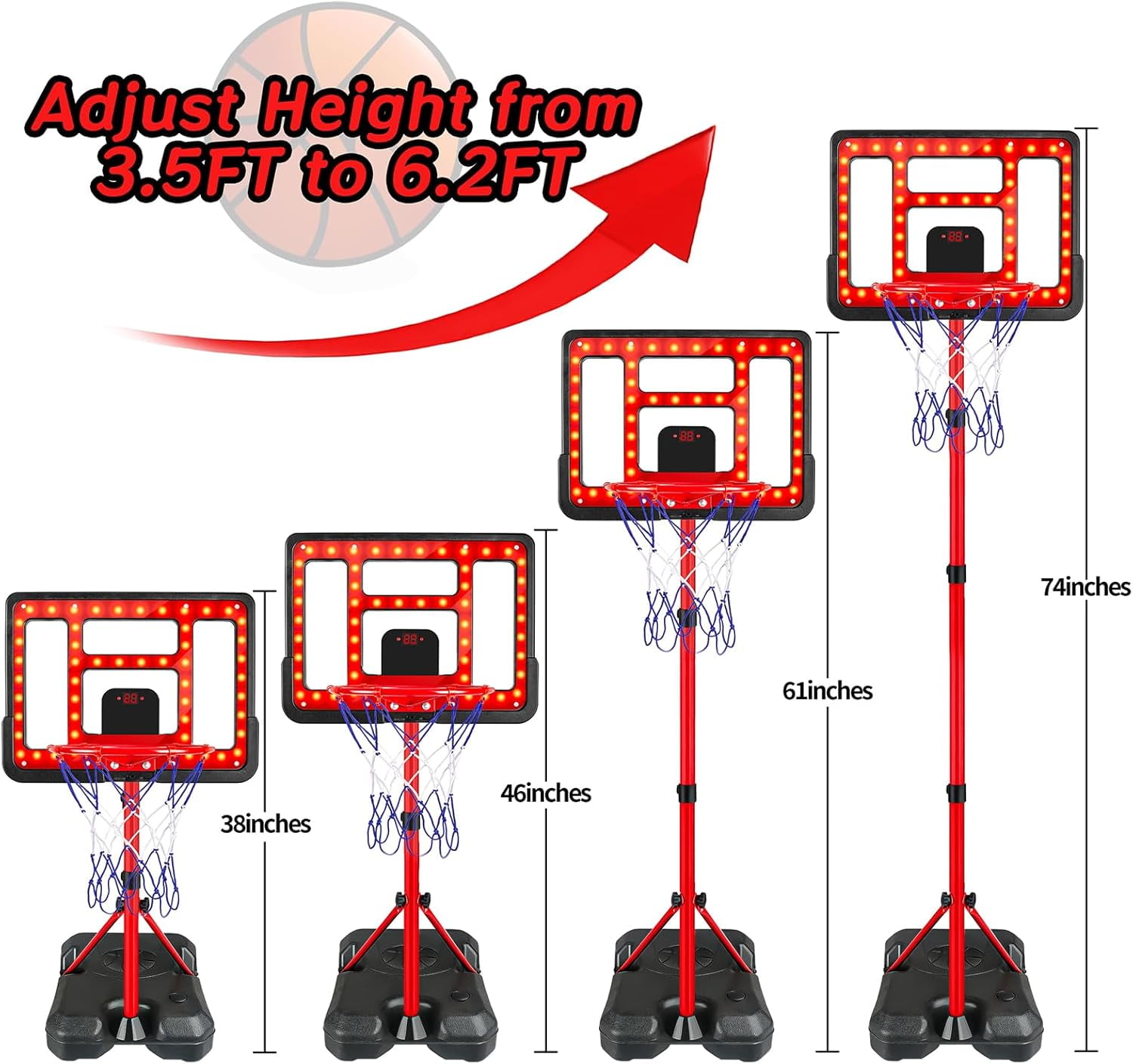 Adjustable Height Kids Basketball Hoop 3.5FT-6.2FT with Scoreboard & LED Light, Portable Indoor & Outdoor Basketball Goal for 3-8 Years Boys and Girls